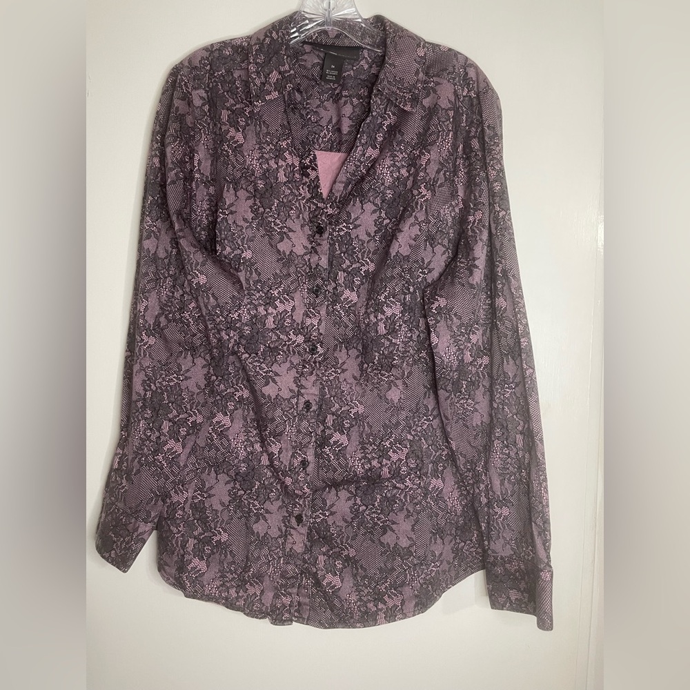 Lane Bryant Pink & Black Floral Lace Print Button Down Shirt - Size 24